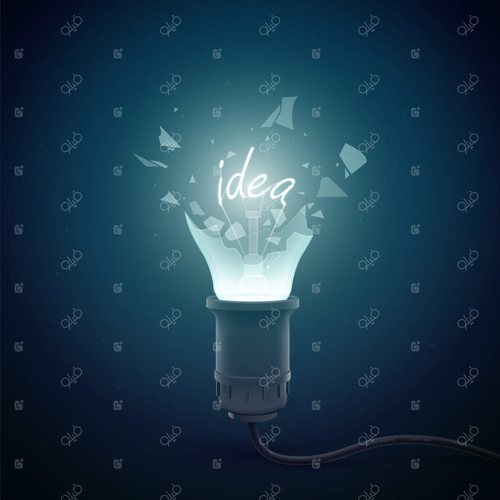 قالب مفهومی خلاقانه با لامپ انفجاری و واژه "ایده" در تاریکی