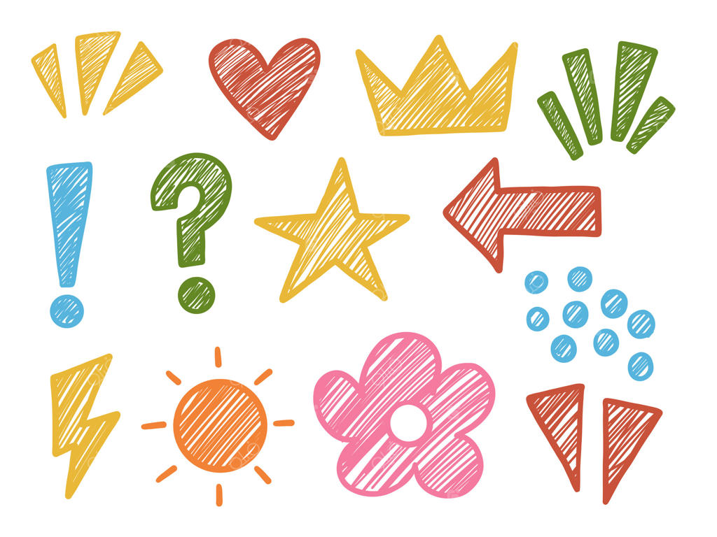 مجموعه طرح‌های دست‌ساز رنگارنگ: مجموعه‌ای شاد از ۱۳ آیکون دست‌کشیده شامل قلب‌ها، ستاره‌ها، فلش‌ها، علائم نگارشی و گل‌ها به سبک دوودل زنده. مناسب برای کمیک‌ها و کارت‌ها.