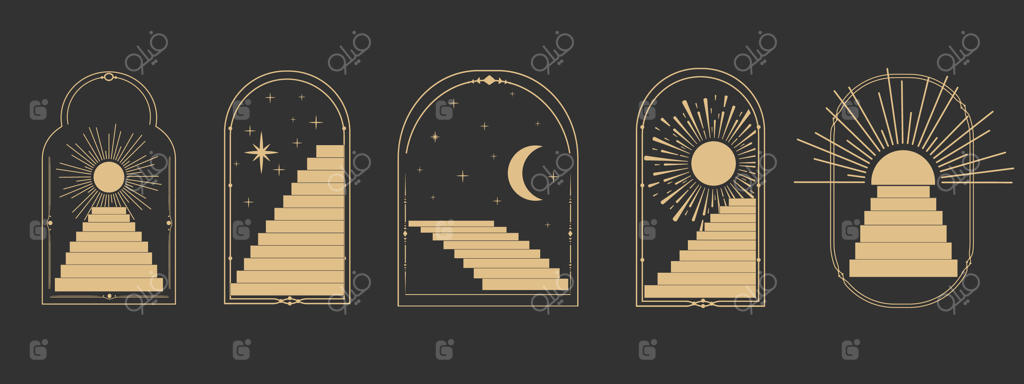 قاب پنجره قوسی با طراحی آسمانی و اسرارآمیز، همراه با پله‌ها و نمادهای کیهانی ماه و خورشید، طرحی مینیمال برای تتو. نمادی معنوی و رازآلود.