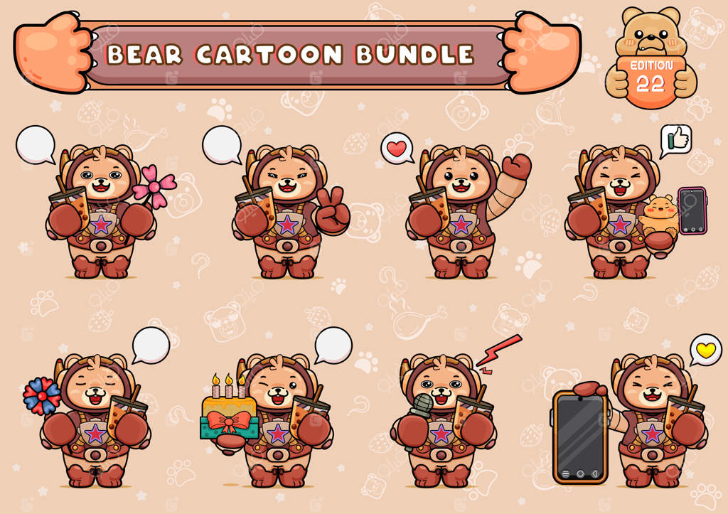 بسته یا مجموعه‌ای از تصاویر زیبا از خرس با لباس فضانوردی در حال نگه داشتن لیوان نوشیدنی و چیزهای دیگر