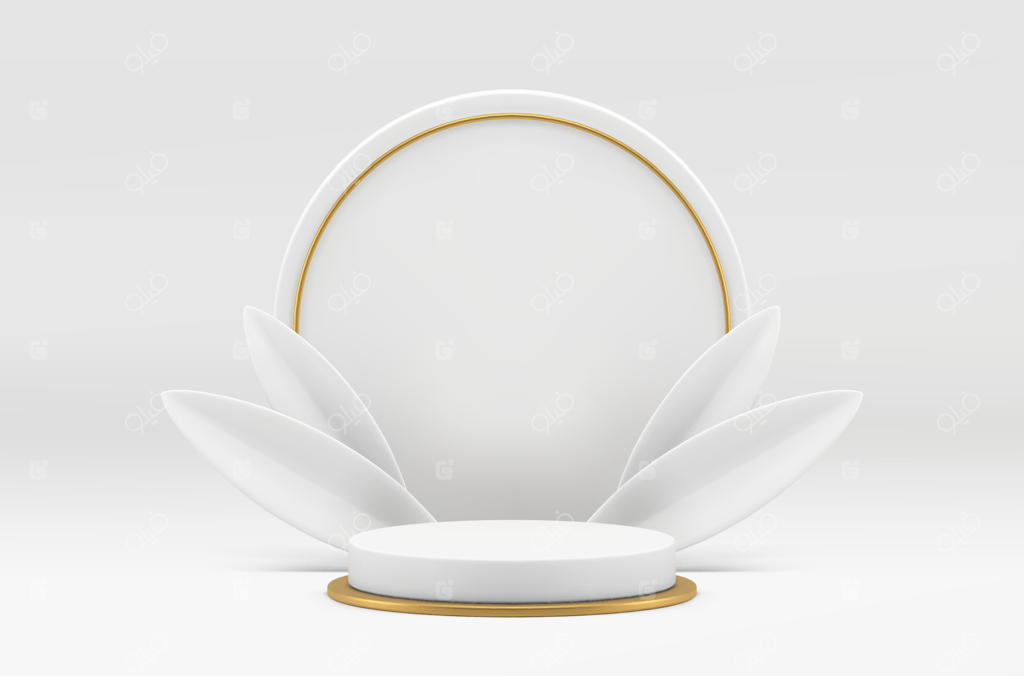 پایه استوانه‌ای سفید سه‌بعدی با قاب گرد طلایی و برگ‌های واقعی‌نمایی‌شده