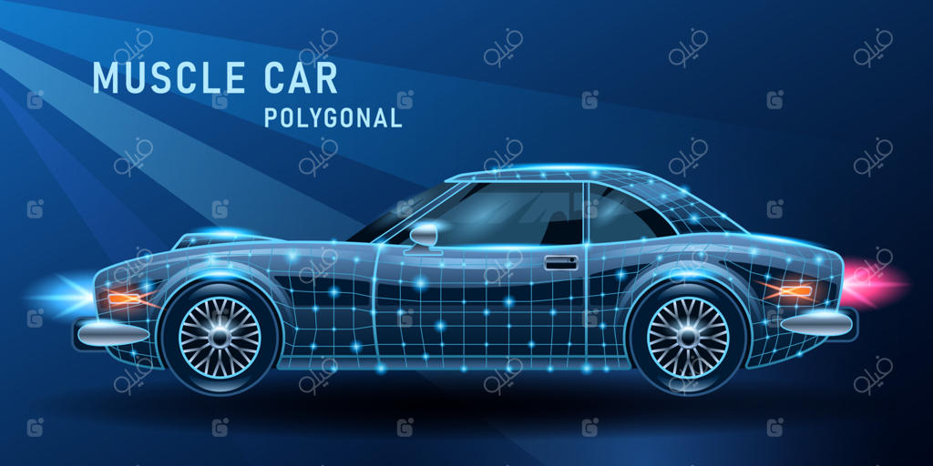 نمای جانبی خودروی عضلانی سه‌بعدی واقع‌گرایانه روی پس‌زمینه آبی تیره