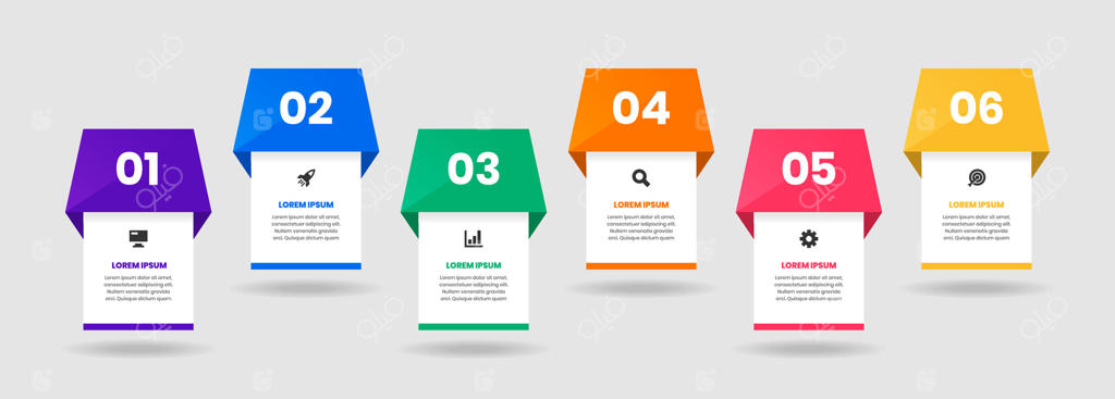 قالب‌های طراحی عناصر اینفوگرافیک با آیکون‌ها و ۶ شماره: مناسب برای نمودار فرآیند، ارائه‌ها، چیدمان جریان کار و بنرها