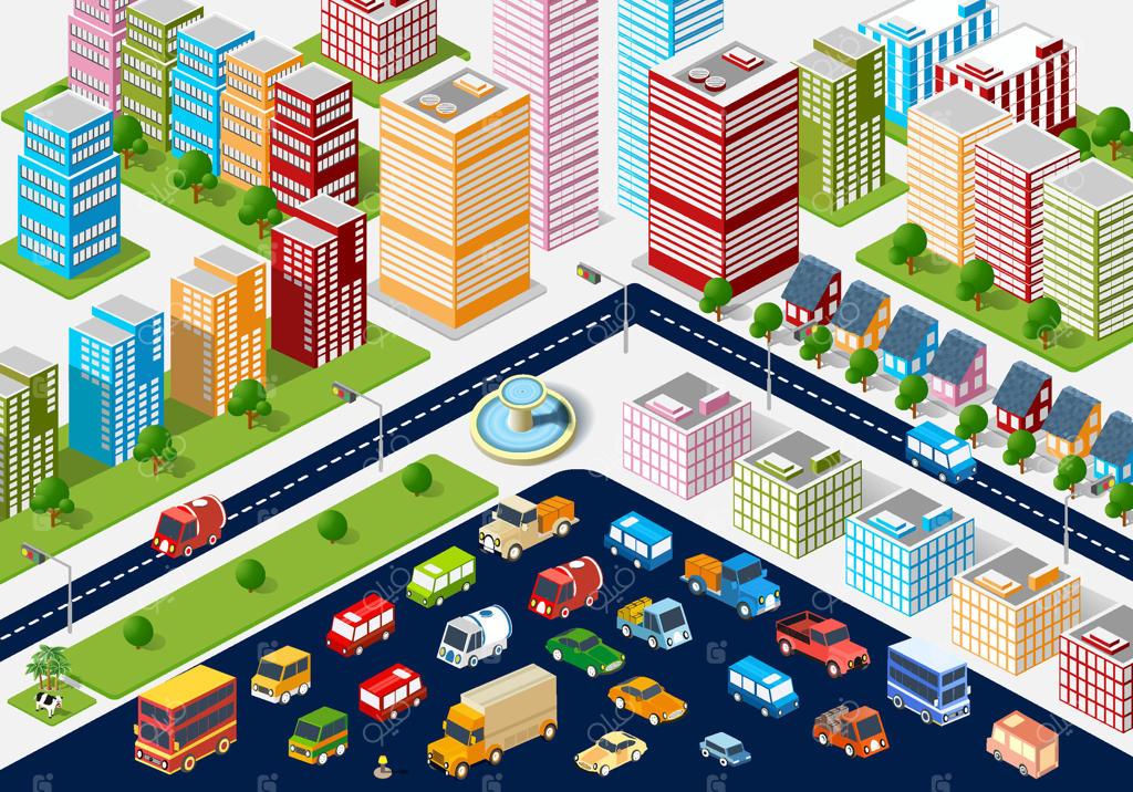 شهر ایزومتریک با ماشین‌ها، کامیون‌ها و ساختمان‌ها
