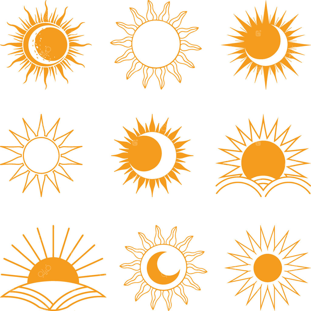 تابش خورشید به سبک بوهمی: نماد طلوع خورشید با پرتوهای خورشید و ماه. مجموعه‌ای از عناصر تزئینی موتیف‌های آسمانی و بوهویی