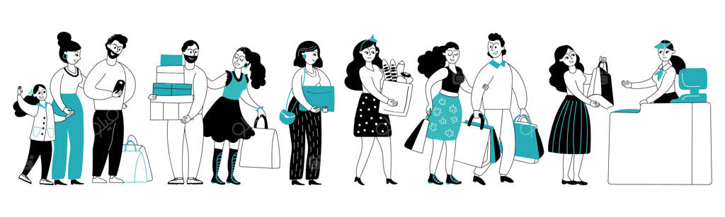 صف افراد در فروشگاه: مشتریان، کارمند صندوق، خریداران و ازدحام - یک مفهوم برداری جذاب از خرید در سوپرمارکت و کارگر خدماتی