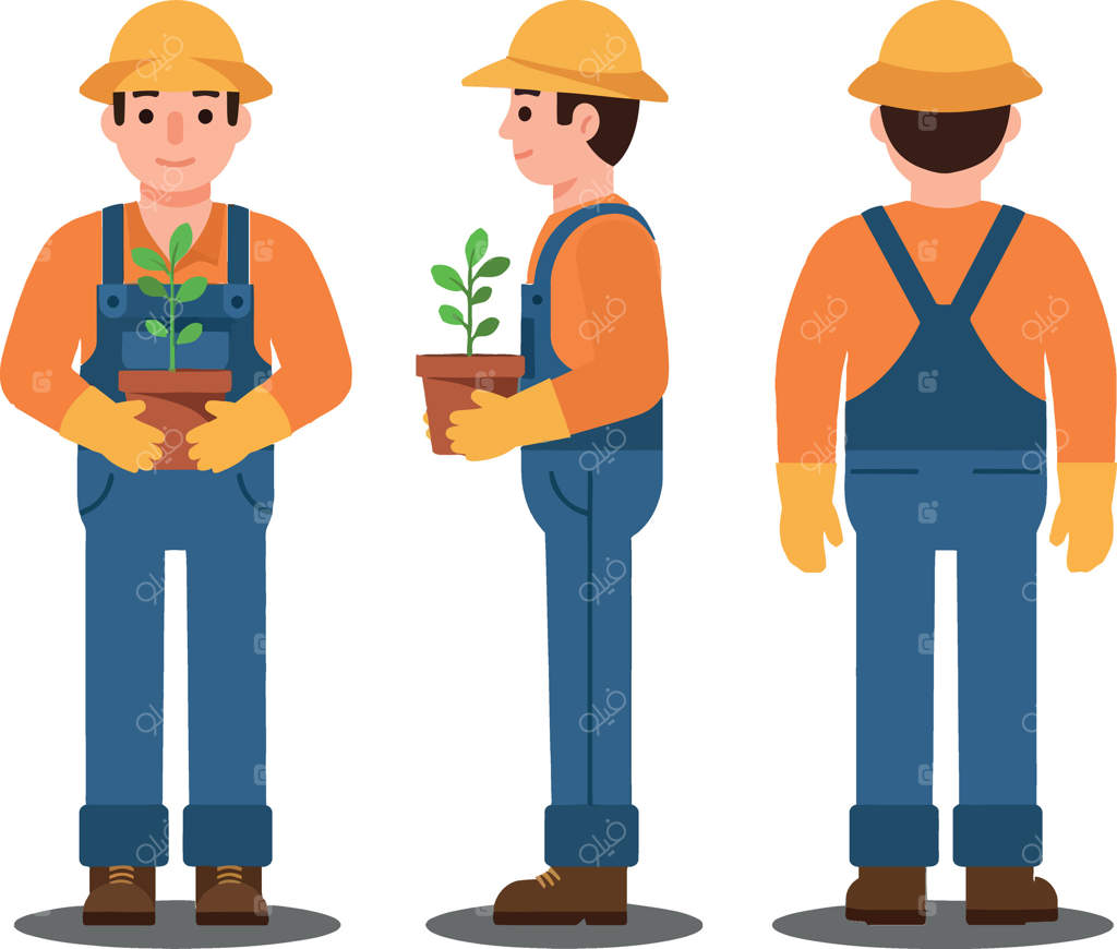 باغبانی شاد با کلاه و دستکش زرد، گیاهی گلدانی را در دست دارد، طراحی شده در سبکی مسطح و رنگارنگ که زوایای مختلف شخصیت را نمایش می‌دهد.