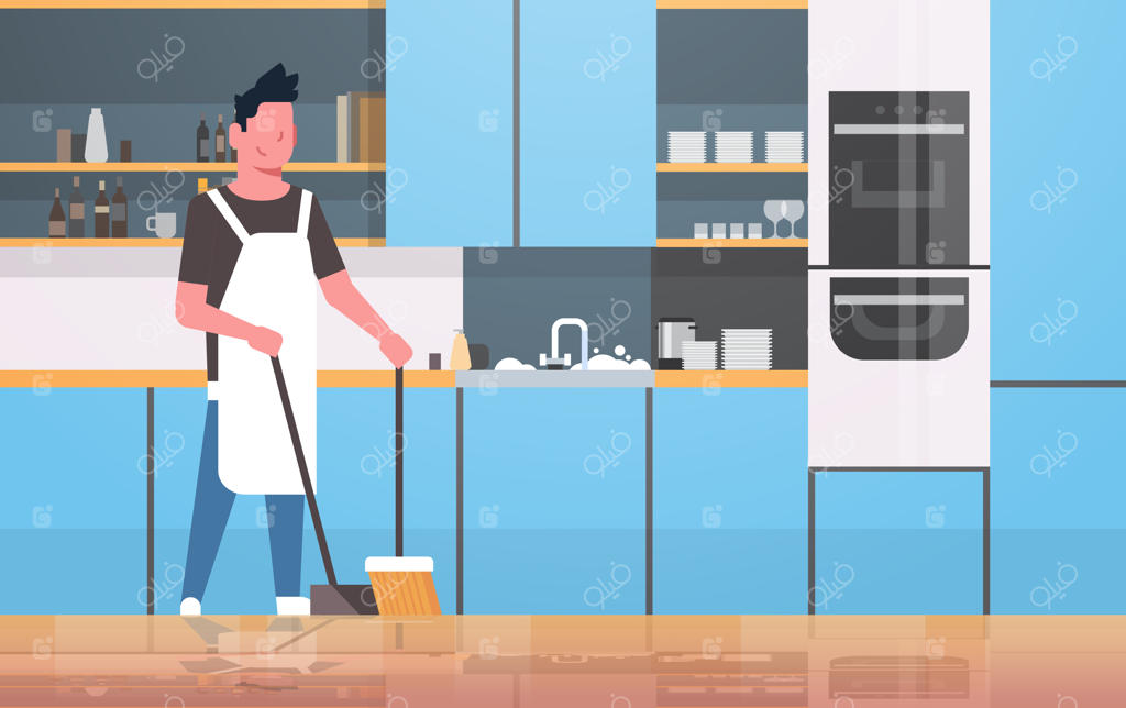 مردی که در حال جارو زدن کف با جارو و خاک‌انداز است - جوانی مشغول تمیزکاری خانه در آشپزخانه مدرن