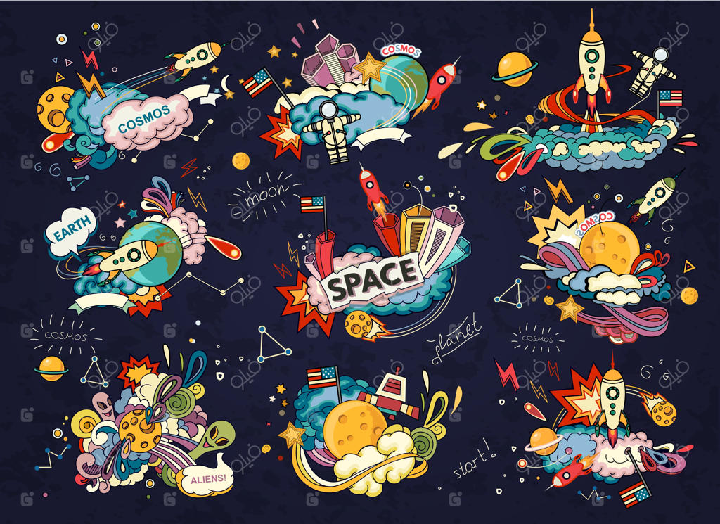 تصویرسازی کارتونی فضا؛ ماه، سیاره، موشک، کره زمین، فضانورد، ستاره دنباله‌دار و کیهان