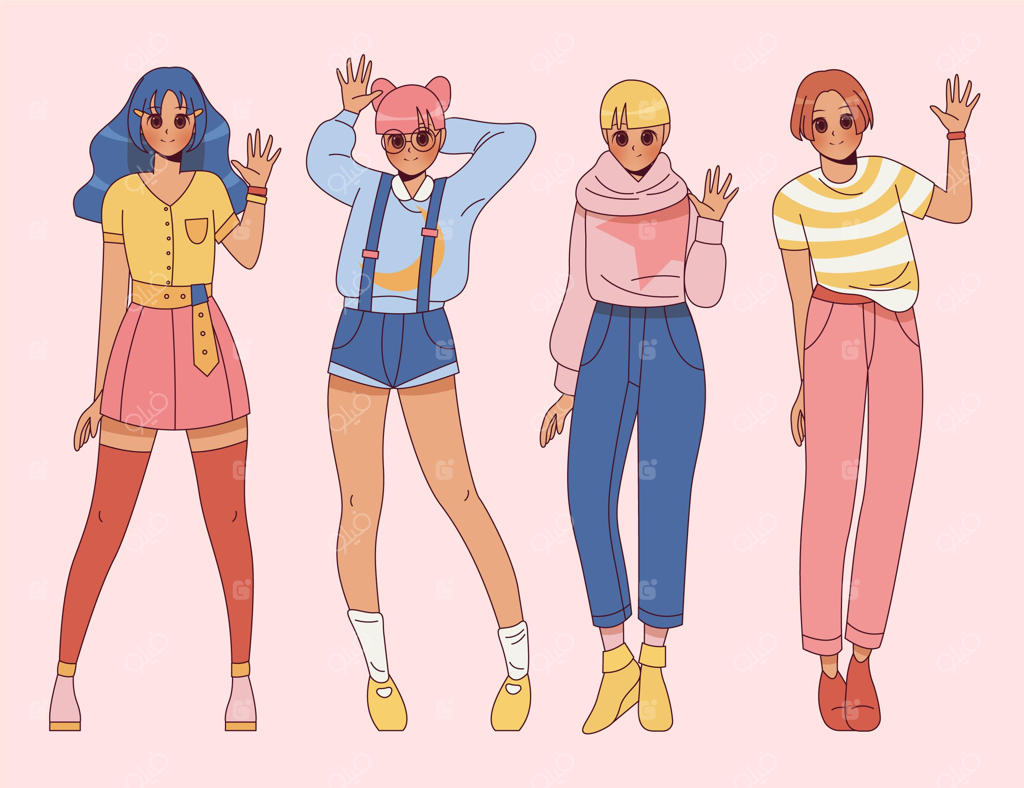 نقاشی دستی انیمه‌ای از شخصیت‌ها در حال سلام و احوال‌پرسی