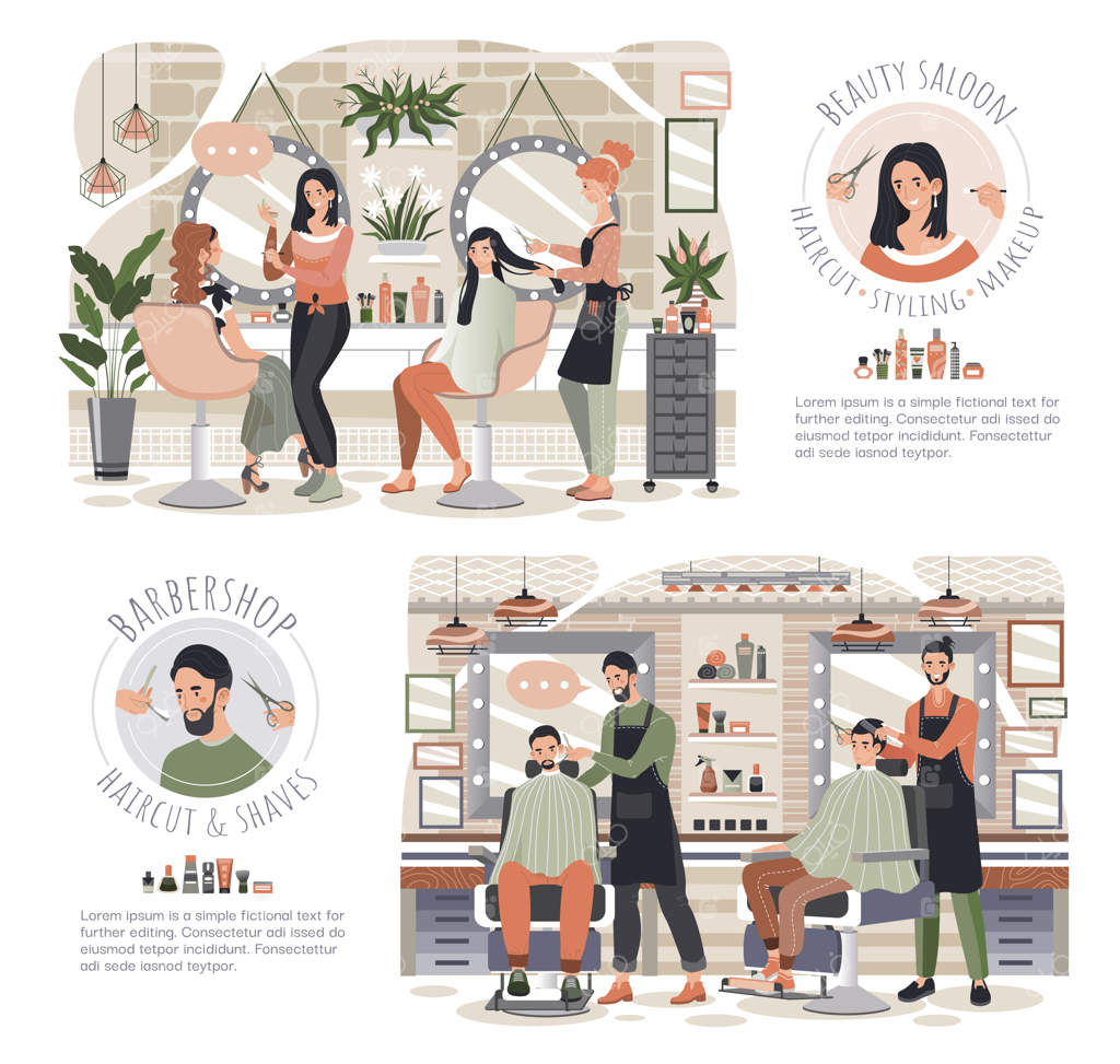 زن در سالن زیبایی، مرد در آرایشگاه، تصویرسازی وکتور از افراد