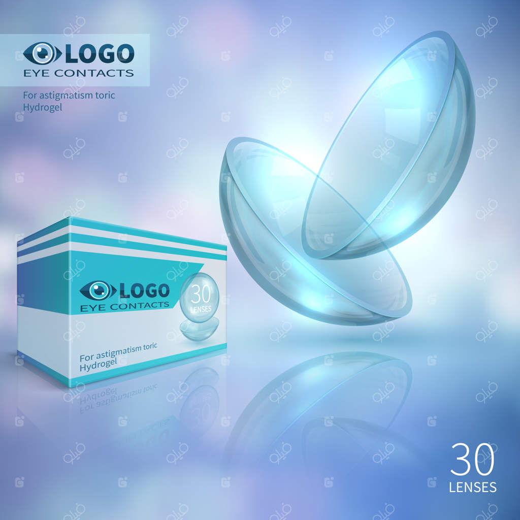 لنز چشمی تماسی: مفهوم سه‌بعدی برای فروشگاه اپتیک. تصویرسازی لنز تماسی شفاف و تمیز