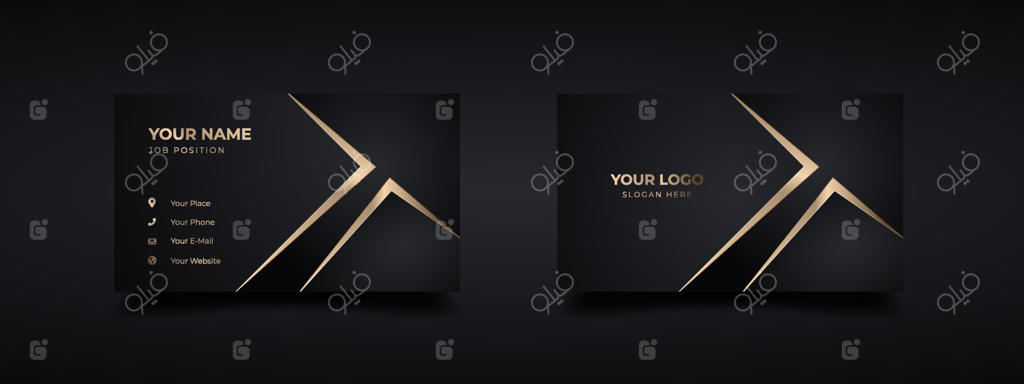 طرح لوگوی کارت ویزیت لوکس به رنگ تیره با جلوه برجسته و فرورفته طلایی مدرن. قالب طراحی کارت‌های شیک و طلایی به صورت وکتور.