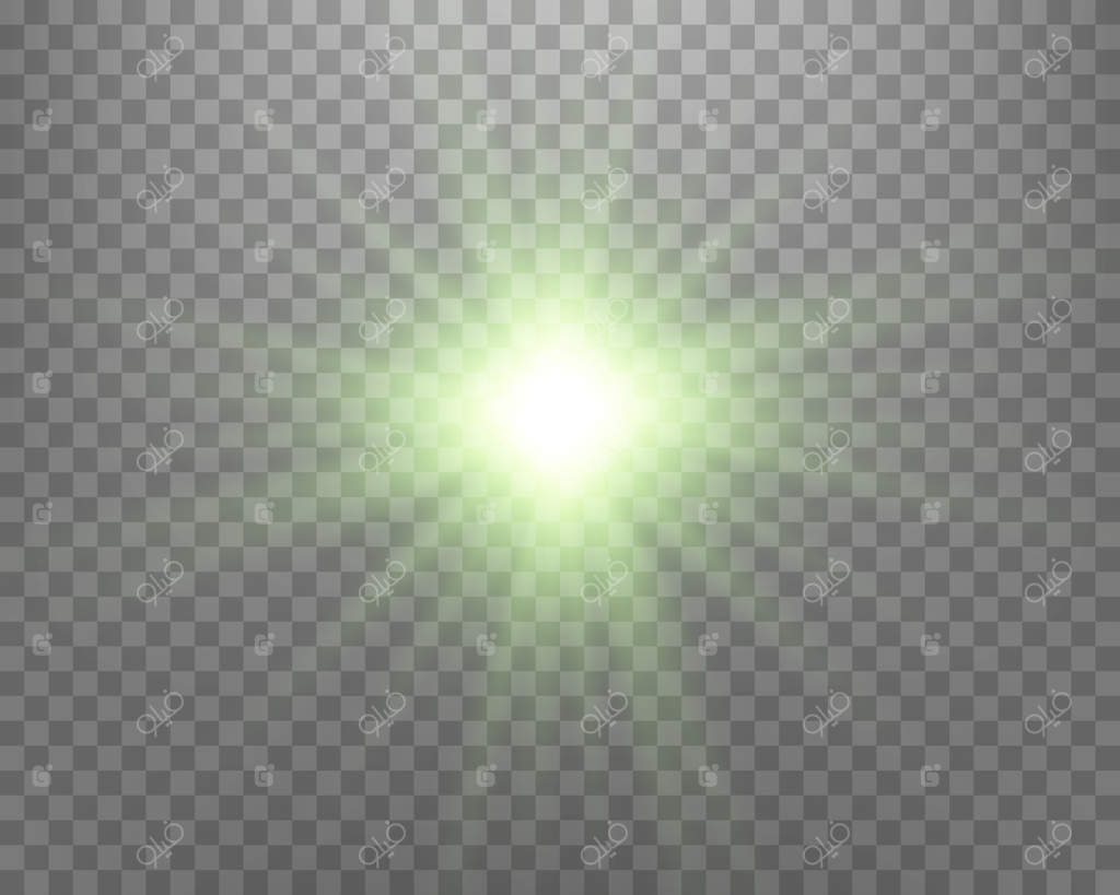 درخشش نور خورشید سبز با تابش پرتوها و انفجار نوری بر روی پس‌زمینه شفاف - تصویر برداری وکتور