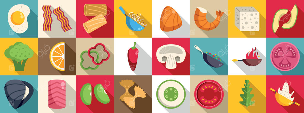 کولاژ رنگارنگی از آیکون‌های غذایی برای الهام‌گیری وکتور حرفه‌ای را بررسی کنید