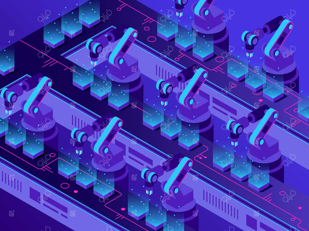 خط تولید آینده‌نگر ایزومتریک: انبار صنعتی خودکار، بازوهای رباتیک هوشمند و ماشین‌آلات کارخانه‌ای - تصویرسازی وکتوری