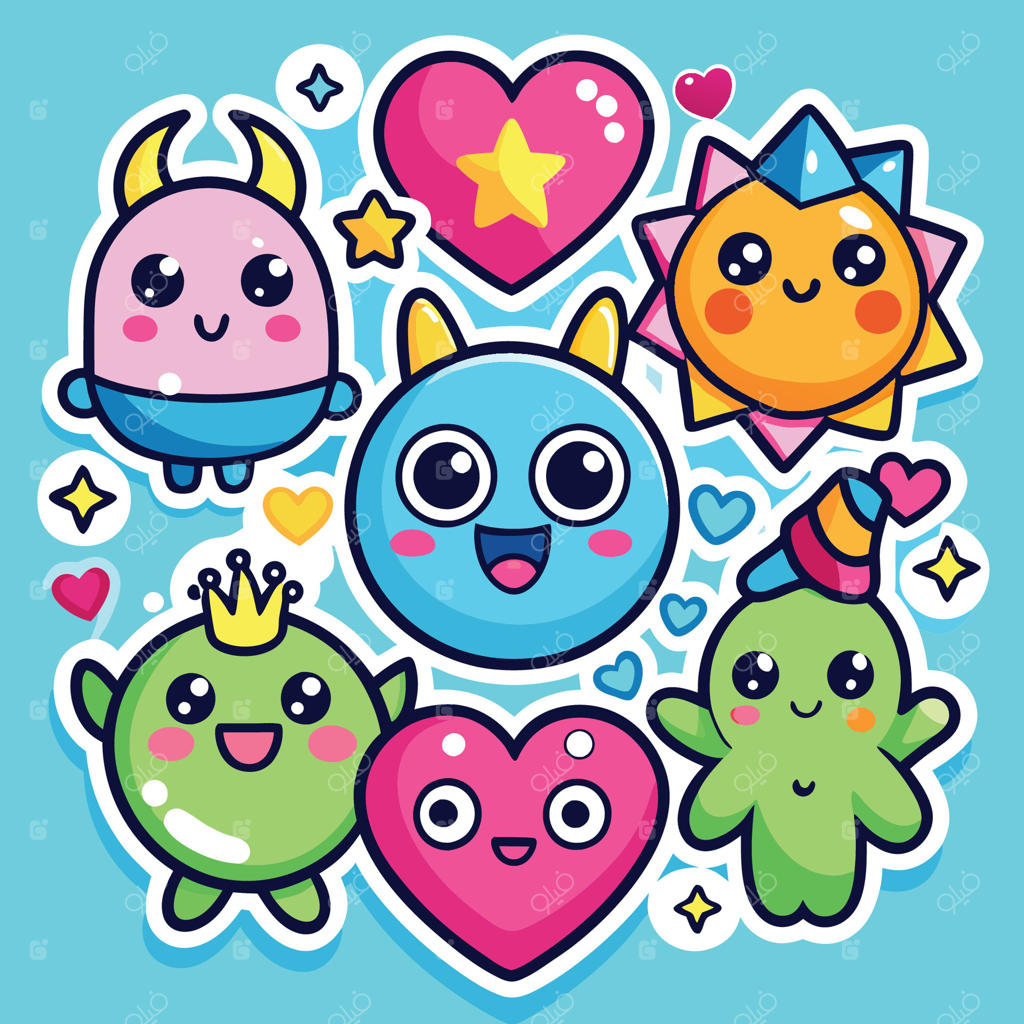 مجموعه برچسب کارتونی جذاب از هیولاهای بامزه، قلب‌ها و ستاره‌ها