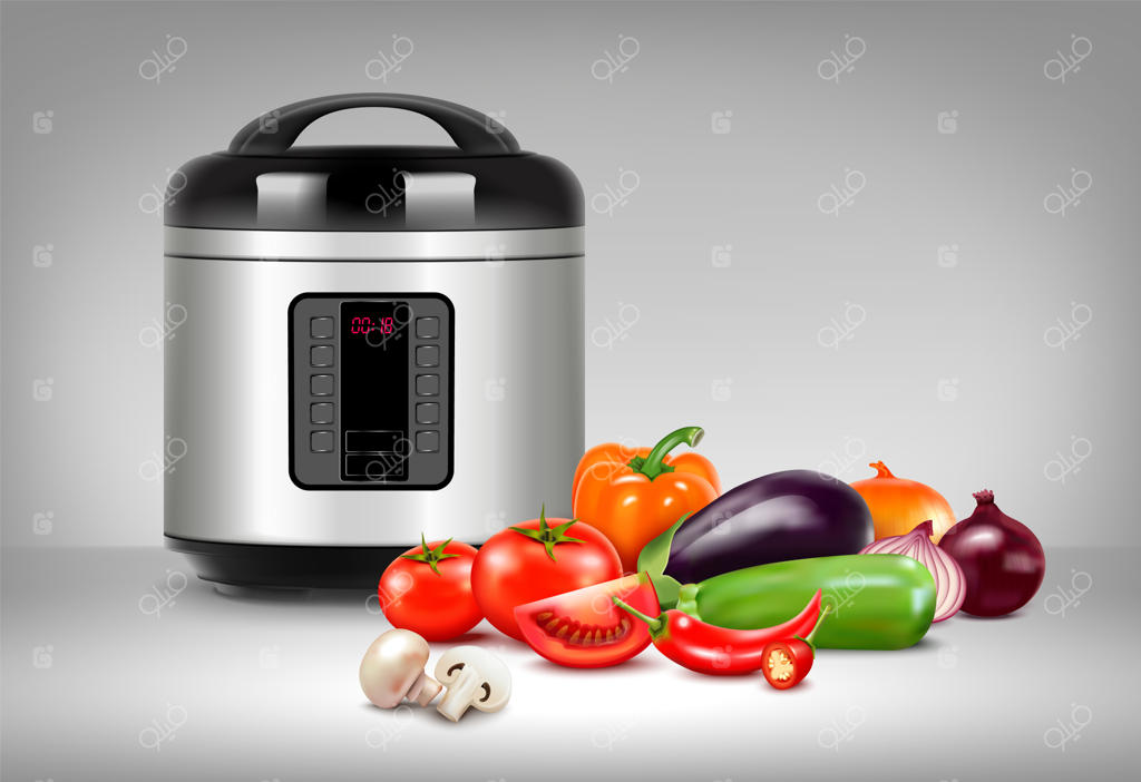 ترجمه فارسی: ترکیب واقع‌گرایانه چندکاره با تصویر دستگاه الکتریکی مخصوص آشپزخانه و دسته‌ای از سبزیجات تازه