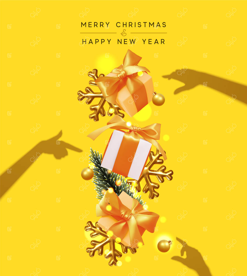 کریسمس مبارک و سال نو خوش. پس‌زمینه‌ای با جعبه کادوی واقعی، سایه دست‌های زن که هدایایی را می‌گیرد، دانه برف طلایی، توپ‌های طلایی، درخت کاج، و چراغ‌های براق بکه. تصویرسازی وکتور