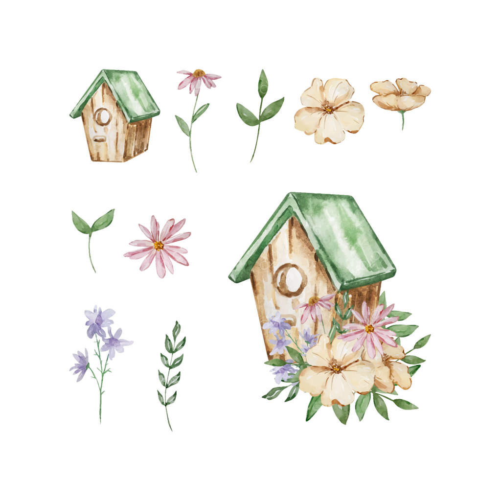 خانه پرنده آبرنگی با گل‌های باغچه‌ای