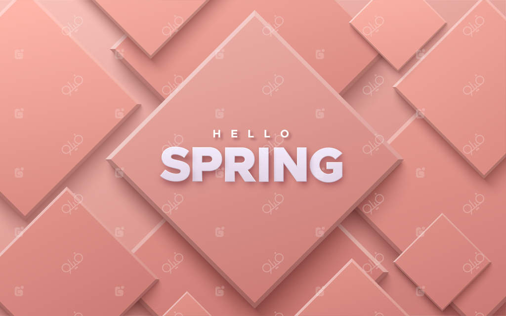 سلام بهار روی زمینه انتزاعی با اشکال هندسی نرم صورتی.