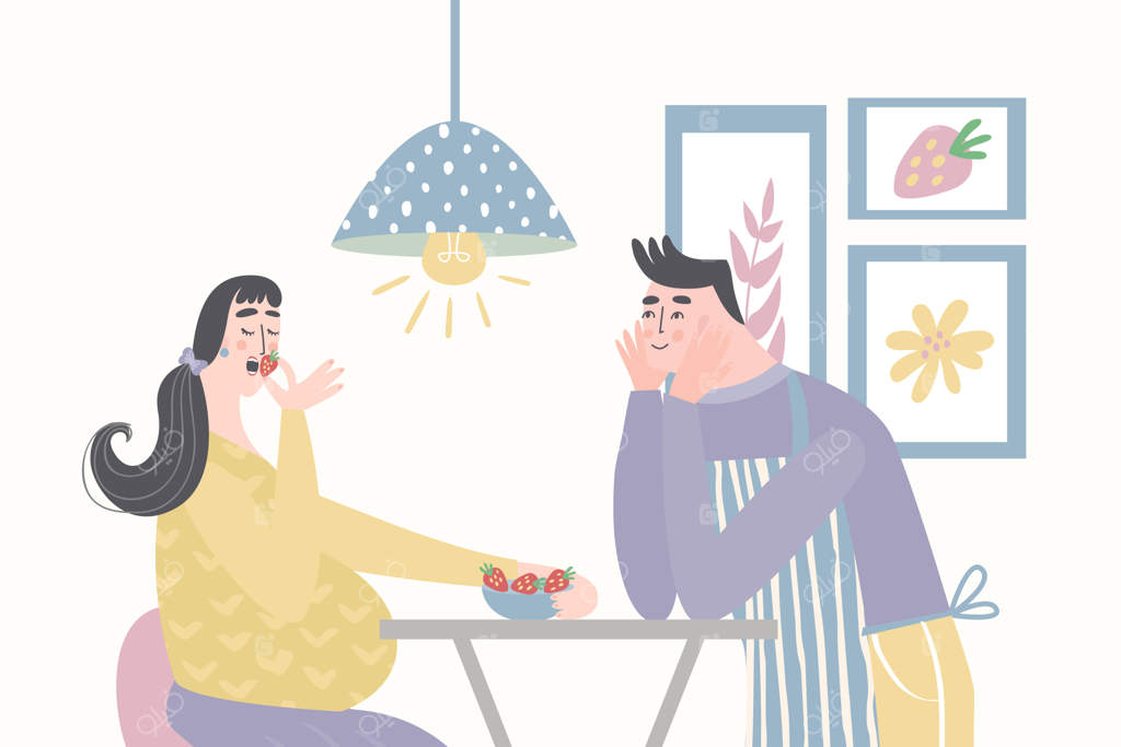 شوهر به همسر باردار غذا می‌دهد. رژیم غذایی سالم برای زنان باردار.