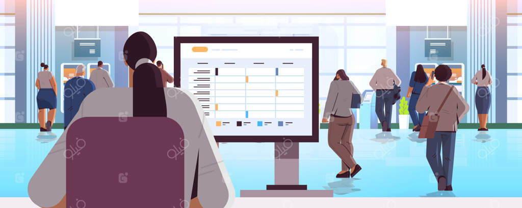 زن تاجر با استفاده از برنامه‌ریز روی صفحه مانیتور: مفهوم مدیریت زمان و سازماندهی در محیط کار، پرتره افقی، تصویرسازی وکتور