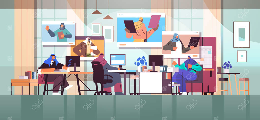 مذاکره تجار عرب با همکاران در پنجره‌های مرورگر وب طی کنفرانس مجازی ویدئویی