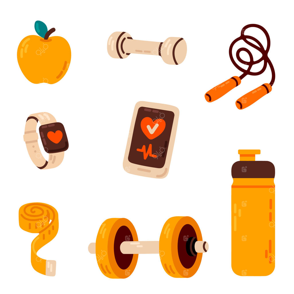 مجموعه‌ای از لوازم تناسب اندام و سلامتی شامل دمبل‌ها، ساعت هوشمند، پایشگر ضربان قلب، سیب، طناب پرش، بطری آب و متر اندازه‌گیری