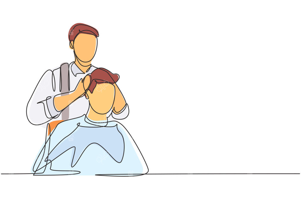 نقاشی خطی پیوسته: آرایشگری شیک و جذاب که سر مشتری را برای نمایش کارش می‌چرخاند. مدل مو شیک و بی‌نقص است. طراحی دینامیک یک خطی