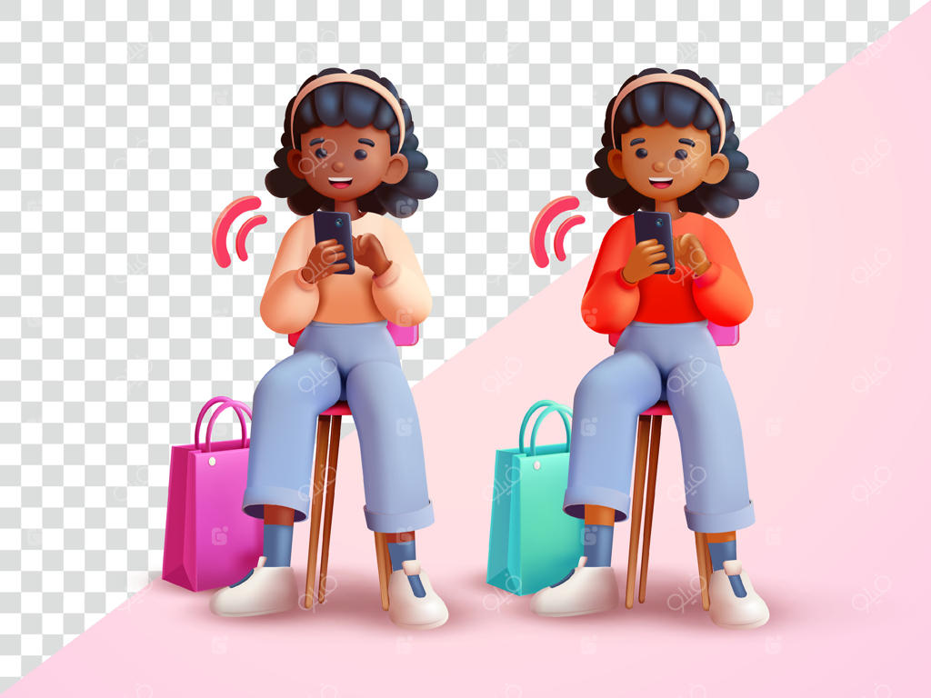 زن در حال استفاده از گوشی هوشمند نشسته است. طراحی سه‌بعدی، مناسب برای تبلیغات و عناصر طراحی