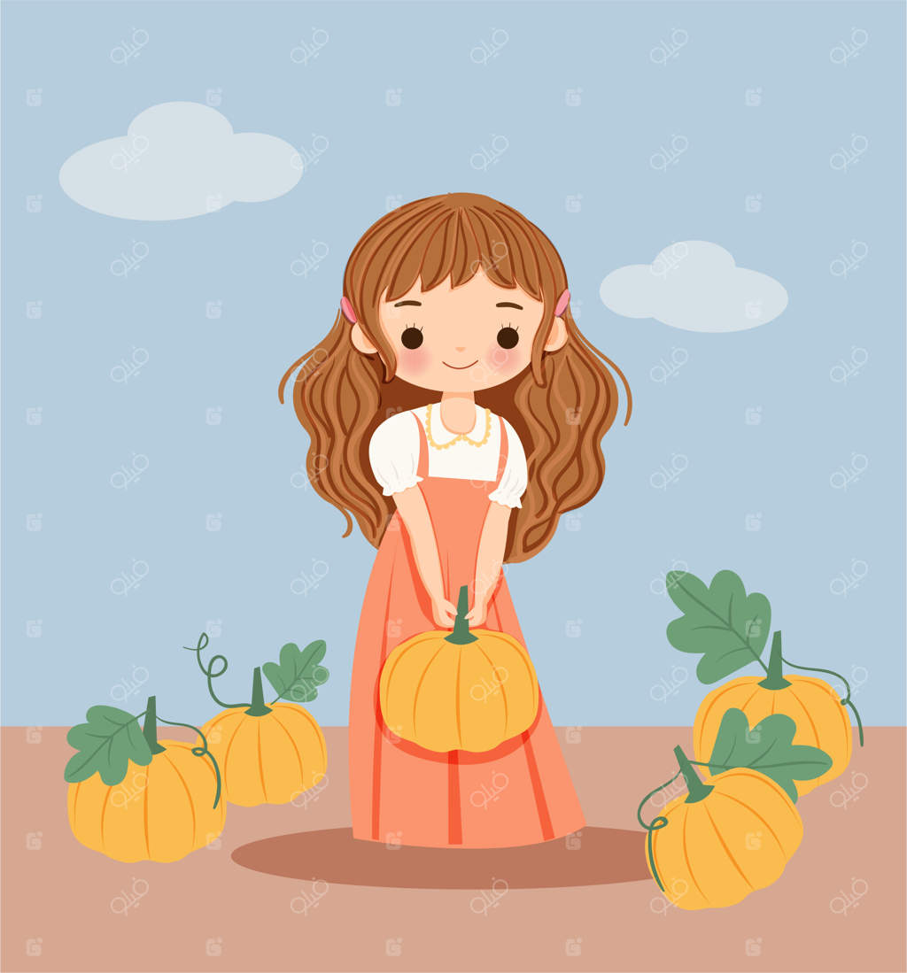 دختر بامزه با کدوها برای جشن زمستانی