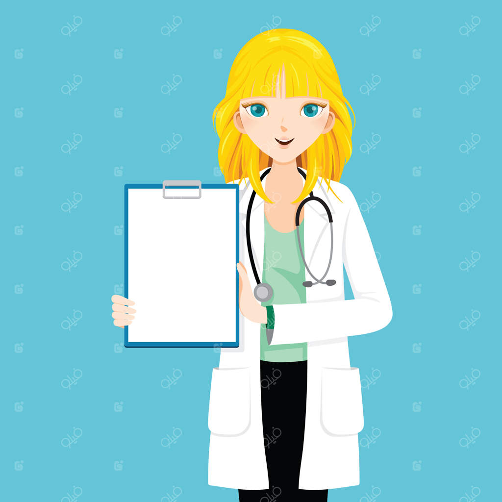 دکتر زن با موهای بلوند و تخته‌ شاسی خالی در دست