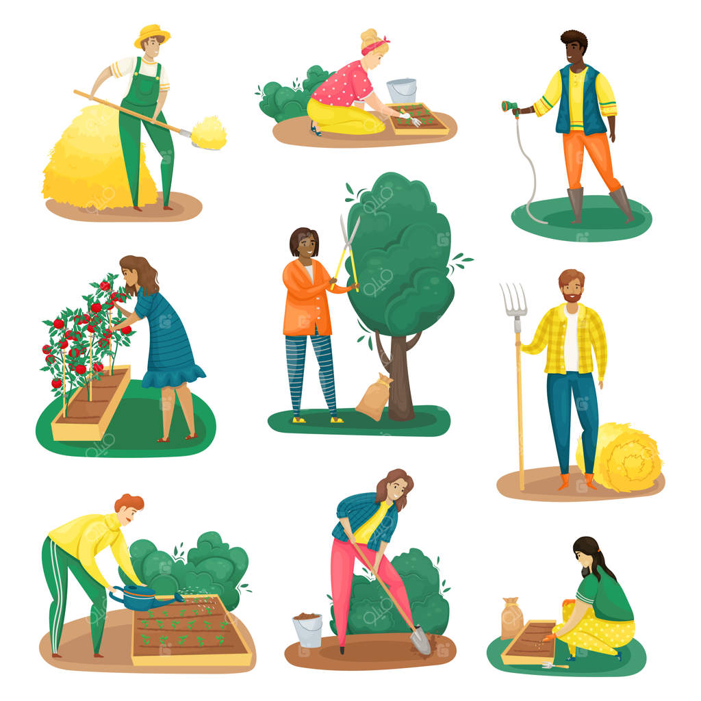 گروهی متشکل از نه کشاورز که وظایف مختلف در نگهداری از باغ را انجام می‌دهند.