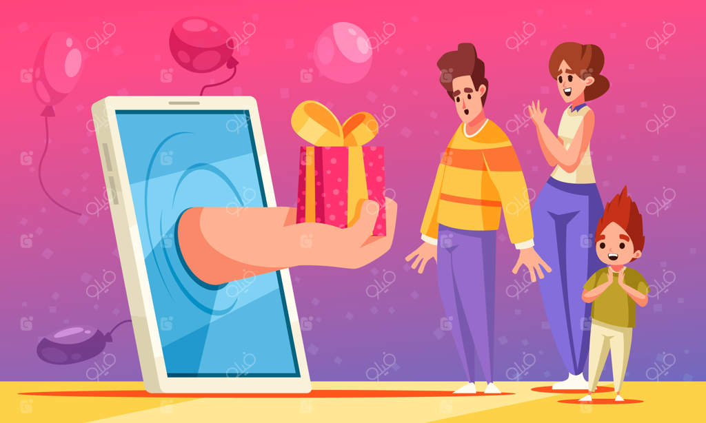 مفهوم جشن با سفارش هدیه تعطیلات از طریق موبایل - تصویرسازی کارتونی