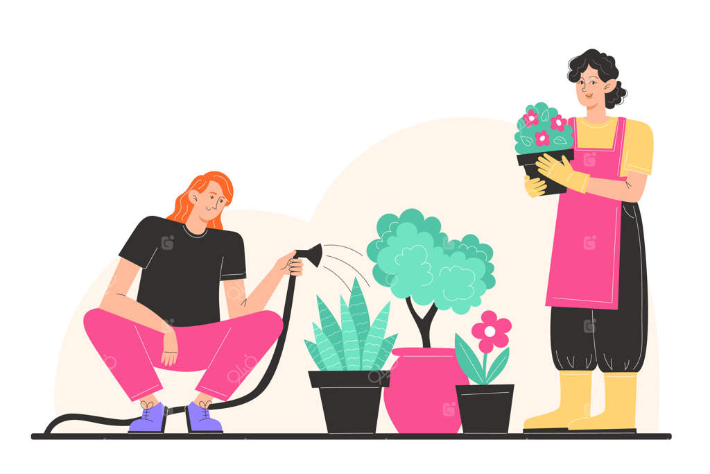 مردم از باغ مراقبت می‌کنند، مردان گل‌های خانه را آب می‌دهند