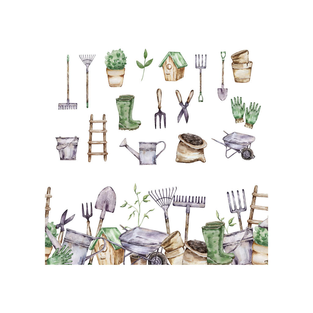 مرزبندی باغ آبرنگی با عناصر ابزار باغبانی