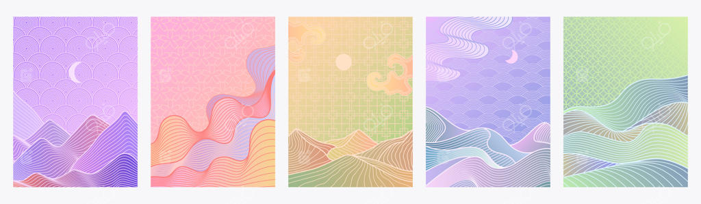 منظره خطی کوهستان و تپه‌ها با نقوش سنتی شرقی و گرادینت پاستلی؛ پس‌زمینه پوستر و طرح کاغذدیواری انتزاعی به سبک ژاپنی و چینی