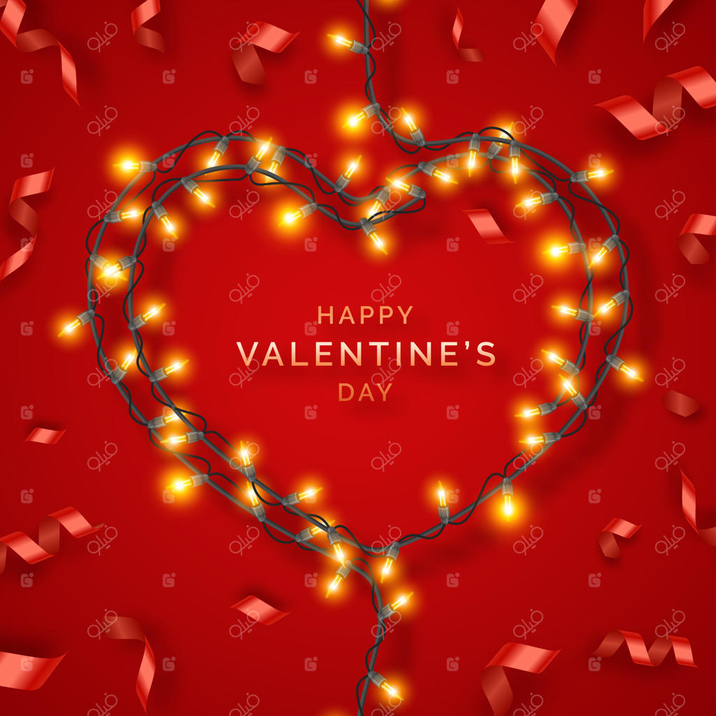 پس‌زمینه روز ولنتاین با روبان‌های قرمز، چراغ‌ها و متن  
تزئینات شاد ولنتاین به شکل قلب با لامپ‌هایی روی سیم‌ها