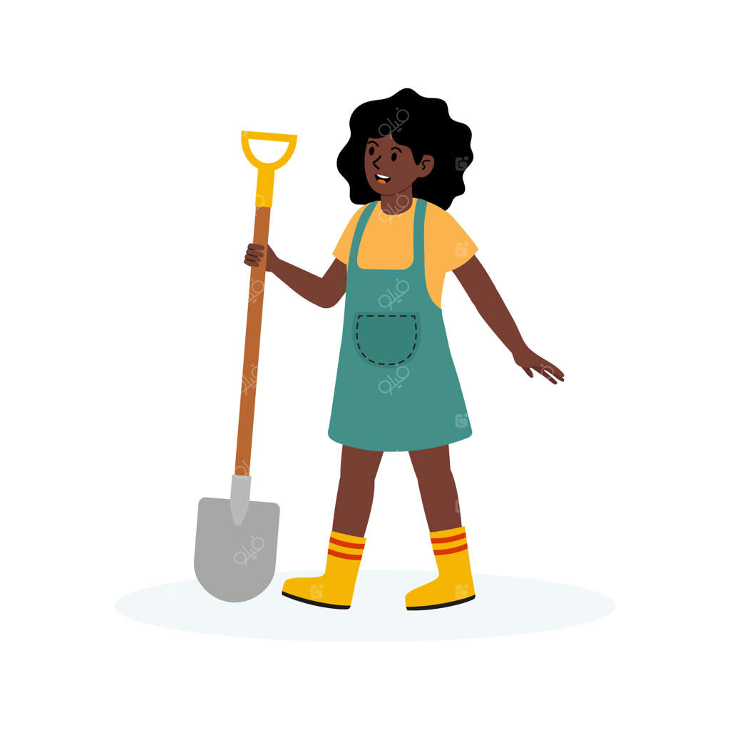 دختر جوان با شادی در روز آفتابی با بیلی در باغ قدم می‌زند