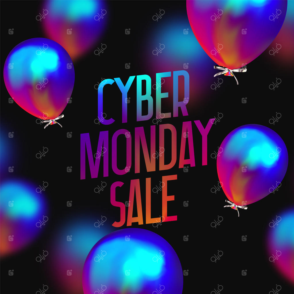 فروش ویژه دوشنبه سایبری: پس‌زمینه با بادکنک‌های واقعی در طیف رنگی آبی روشن. پوستر، بنر تبلیغاتی و برندینگ. طراحی جلد بروشور و تراکت. تصویرسازی وکتور.