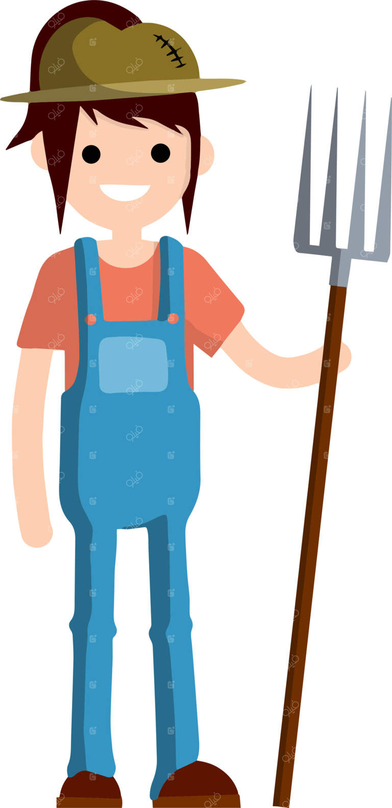 مرد کشاورز با لباس کار، چنگک به دست. کار روستایی و تولید غذای طبیعی در دهکده. مردی با کلاه و ابزار. تصویرسازی کارتونی ساده.