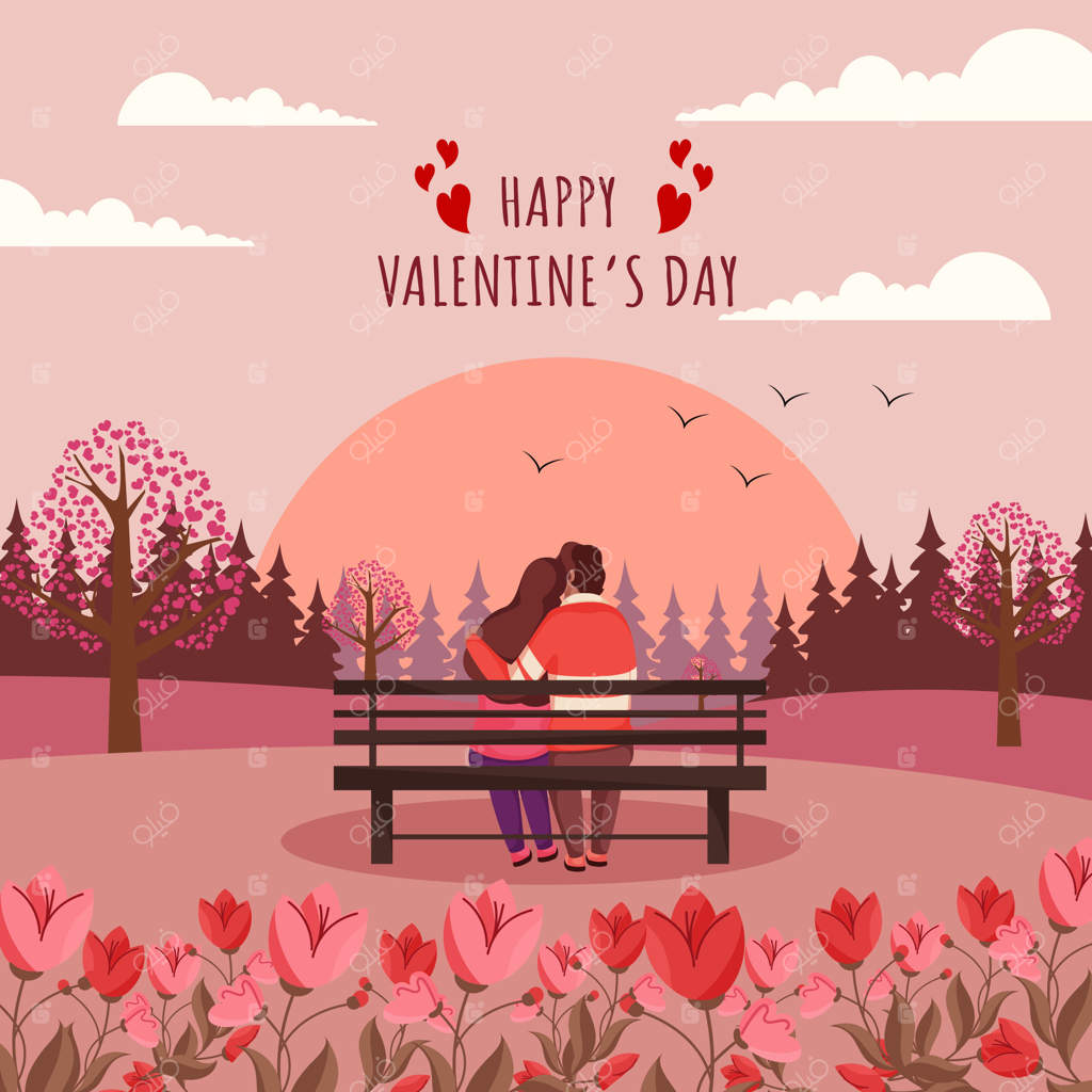 کارت تبریک روز ولنتاین با نمای پشت زوج عاشق نشسته روی نیمکت در باغ گل‌ها.