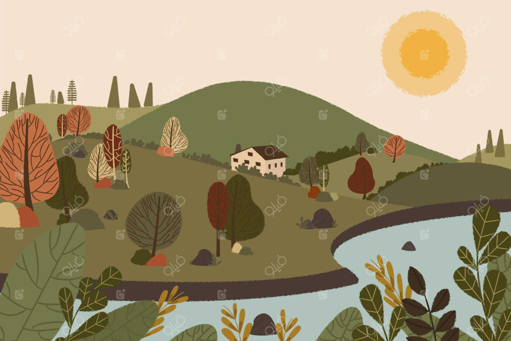 تصویرسازی دستی و مسطح از منظره طبیعی