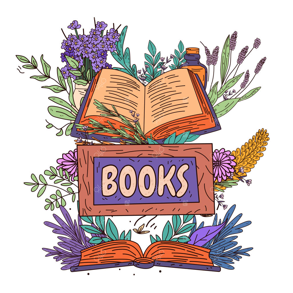 کتاب‌ها با تم طبیعت: کتابی باز در میان گل‌ها، برگ‌ها و بطری با رنگ‌های زنده و تزئینی