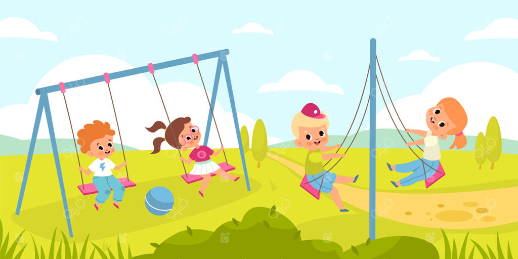 تاب بازی کودکان: بچه‌ها در فضای باز بازی می‌کنند! نوسان جلو و عقب انواع متفاوت الاکلنگ فعالیت پسران و دختران در طبیعت: زمین بازی مدرسه یا مهدکودک در منظره تابستانی - طرح کارتونی وکتور