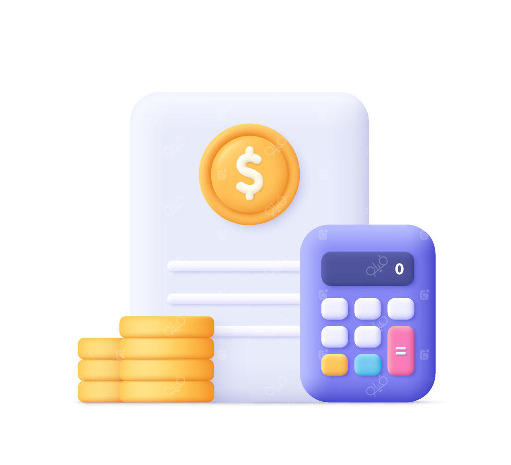 سند حسابداری با ماشین حساب و پشته‌ای از سکه‌ها. گزارش مالی، حسابداری، درآمد و مفهوم مالیات. آیکون سه‌بعدی به سبک کارتونی و مینیمال.