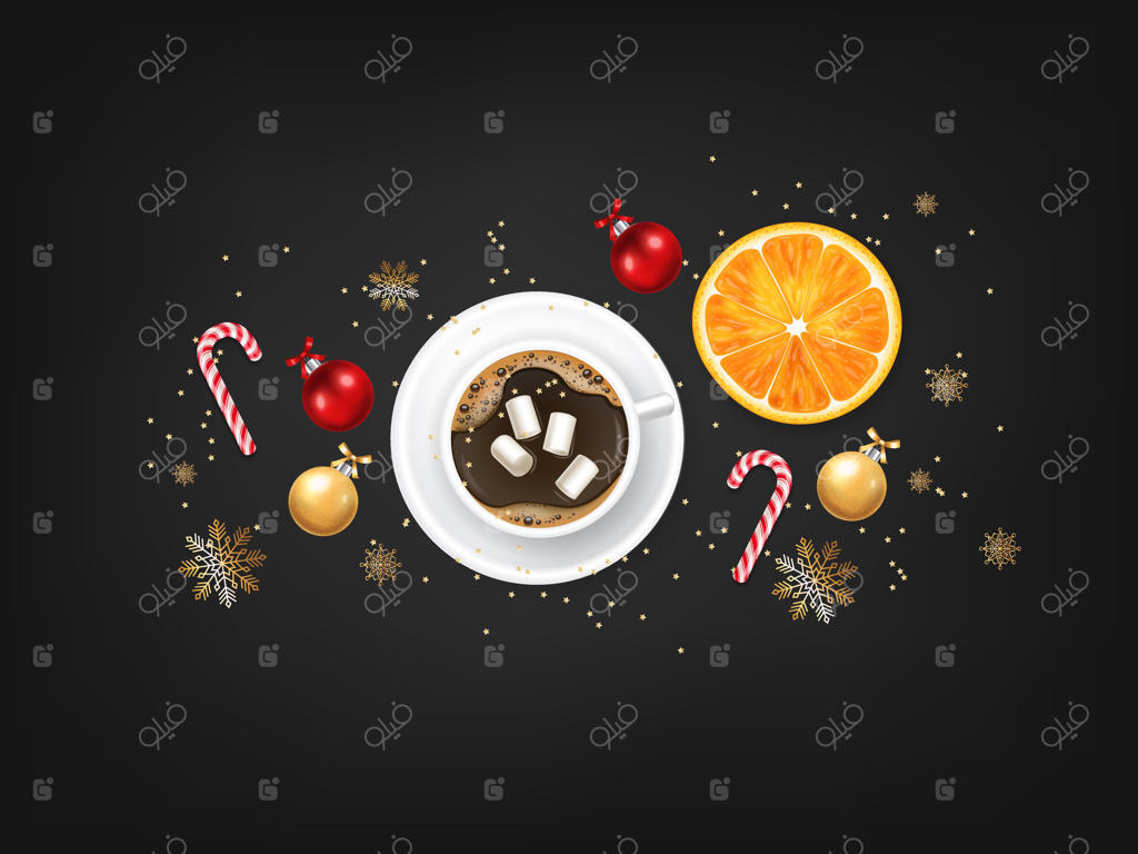کریسمس مبارک، عناصر تزئینی طراحی، زمستان، پس‌زمینه جشن، نورپردازی واقعی، قهوه و مارشملو، آب‌نبات کریسمس، توپ قرمز و پرتقال