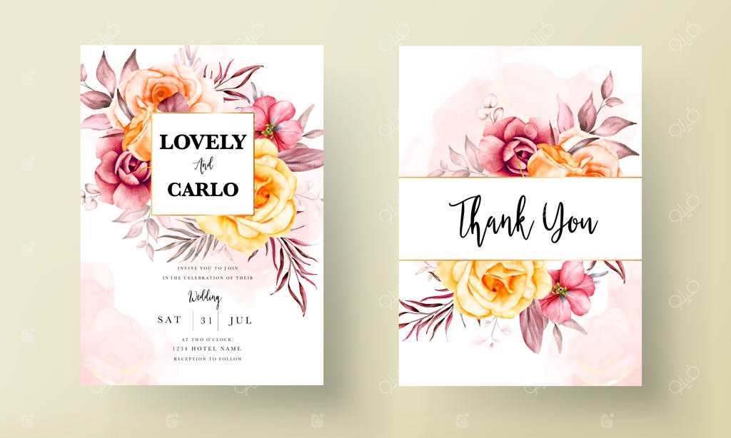 قاب‌های گل‌ها و برگ‌های قرمز آبرنگی در کارت دعوت عروسی