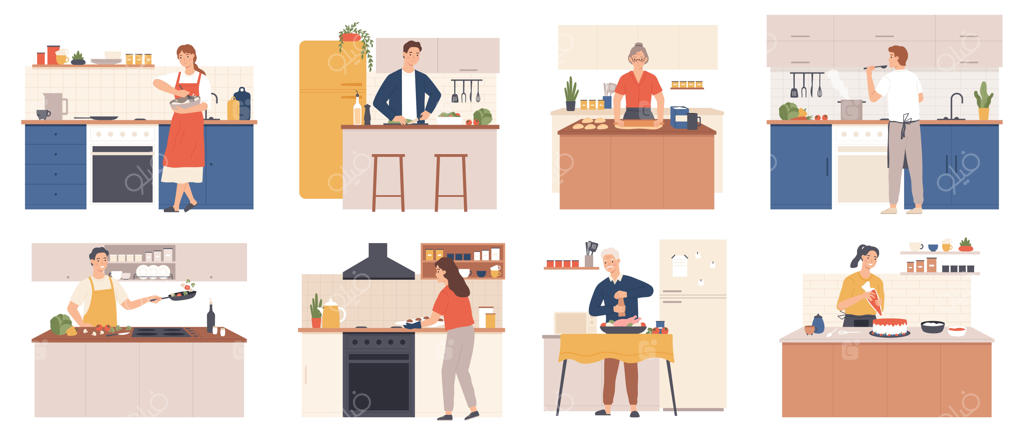آشپزی در خانه: مردان و زنان مشغول آماده‌سازی غذا در آشپزخانه. پخت و پز و آماده‌سازی غذاهایی مانند سالاد، سوپ، مرغ و شیرینی‌ها. مجموعه‌ای از شخصیت‌ها در حال آشپزی به سبک کارتونی.